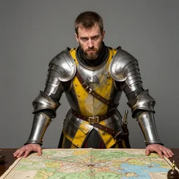 Portrait of frustrated and acerbic male Imperial sergeant with a short beard wearing a {black and yellow tabard} over a steel breastplate and a black gambeson with his hands planted on a table with a war theater map, by Greg Rutkowski, {perfect face}, {perfect eyes}, {perfect body}, {hands planted on war table while standing}, fantasy