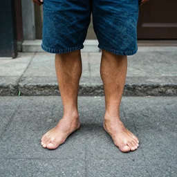 photo of a man in the street that have fish feets