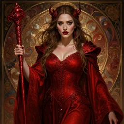 Elizabeth Olsen  as a sorceress , passionate , seductive, sweaty,  intricate dressed in ornate red robes and staff, insane, intricate, highly detailed, digital painting, artstation, concept art, smooth, sharp focus, illustration, Unreal Engine 5, 8K, art by artgerm and greg rutkowski and alphonse mucha