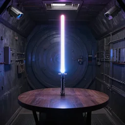 Lightsaber On A Table Inside A Vault, 4K, Security Camera Footage, Photorealistic