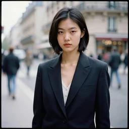 ektachrome, 3 5 mm, highly detailed : incredibly realistic, beautiful portrait photo in style of chiaroscuro style 1 9 9 0 s frontiers in flight suit cosplay paris street photography, youthful asian demure, perfect features, cool haircut, atheletic agency model, vogue fashion edition