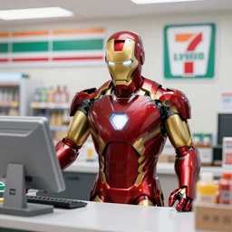 Iron Man working as a 7/11 cashier, macro, wide shot, very detailed