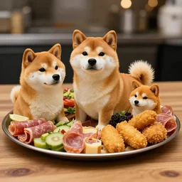 a charcuterie board made of doge - like body parts, shiba inu face, doge meme fur, cake of doge, baked shiba body, fried doge, pieces of doge in the silver plate, wooden table, dog parts, professional shot, bad gourmet dog dish, impressionism, fake cake, with fewer veggies. master chef, low light, bokeh, masterpiece.