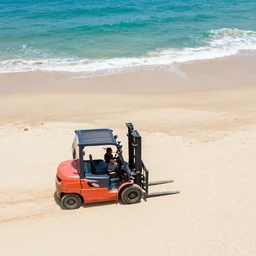 forklift, beach, holiday vibe, sand, sea, drone view