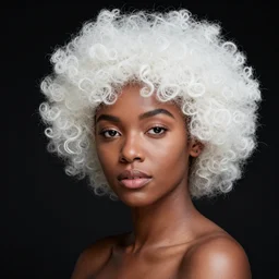portrait of a beautiful black female model with a white afro 8k, ultra HD
