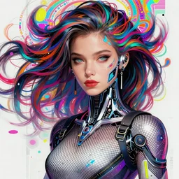beautiful adult woman wearing netrunner clothing, extremely detailed face, cyberpunk, cybernetic, cyborg, vaporwave aesthetic, synthwave, flowing hair, colorful, psychedelic, intricate, elegant, highly detailed, digital painting,  artstation, concept art, smooth, sharp focus, illustration, art by artgerm and greg rutkowski and alphonse mucha