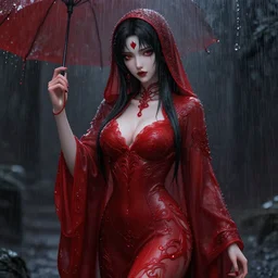 beautiful seductive female ghost, in the rain, highly detailed, painting, dark red and black color palette, intricate, high quality 3 d anime artstyle, in the style of sana takeda