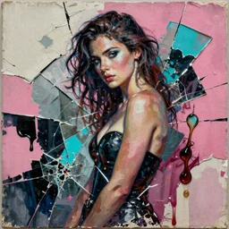 woman from fight club detailed mixed media collage with canvas texture in style of contemporary art, punk art, photorealism, sensual bodies, expressionism, masterpiece, perfect composition, spectacular quality, intricate oil details, broken glass photo, torn paper intricate texture, large cracks, liquid glue spots, dark pink and cyan chaotic background