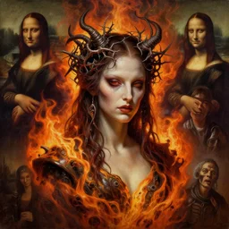 cinematic masterpiece bust portrait of a gothic degenerate cyberpunk trader demon goddess on fire, head and bust only, crown of wires and thorns, by Wayne Barlowe, by Leonardo DaVinci, by Tim Hildebrandt, by Bruce Pennington, by Zdzisław Beksiński, by Paul Lehr, oil on canvas, masterpiece, trending on artstation, featured on pixiv, cinematic composition, astrophotography, dramatic pose, beautiful lighting, sharp, details, details, details, hyper-detailed, no frames, HD, HDR, 4K, 8K