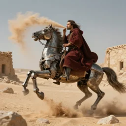 “a byzantine priest riding a mechanical horse through ruins in the desert, blowing sand, dramatic, trending on artstation, by Greg Rutowski”