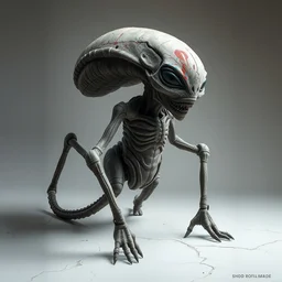 a broken concrete statue of an alien with 4 legs made with rebar and vandalized with spray paint, cracks, studio lighting, 8 k, hd, realistic