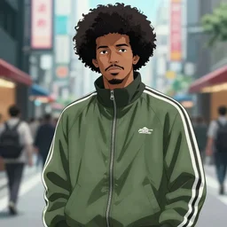 black man with afro hair, stubble, wearing an adidas army green jacket, in the streets of tokyo, akira style, by katsuhiro otomo, anime