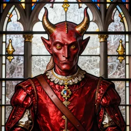 Regal portrait of the Devil in red doublet, stunning stained glass window by Hieronymus Bosch. It is very representative of the style of Bosch