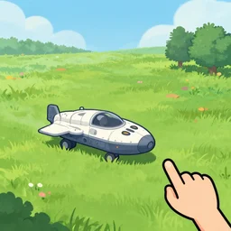 a small spaceship that needs repaired, on a grass field, from a point and click 2 d graphic adventure game, art inspired by [ thomas kinkade ] and [ [ [ [ mark keathley ] ] ] ]