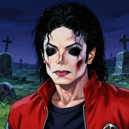 michael jackson!!!! realistic dramatic !big face realistic close up concept art  of michael jackson zombie red jacket as a dragon ball Z  character,dark eye sockets,  graveyard landscape at night , 4k anime character illustration by akira toriyama, artstation