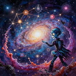 epic galaxy bender experiencing the quantum field, exploring consciousness, beautiful astrological neural network, bob ross matte painting and tim burton comic book art, realistic, trending on artstation, sharp focus, depth of field, cinematic composition, physics splashes of colors, octane render