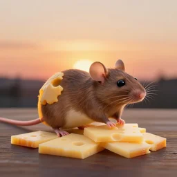 rat made of slices of cheese with a sunset in the background, digital art