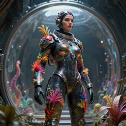 octane render by wayne barlow and carlo crivelli and glenn fabry, a woman in a skintight shiny black spacesuit with intricate iridescent metal detailing, covered in bright colorful tropical alien flora inside a massive cavernous metal dome, cinema 4 d, ray traced lighting, ultra - detailed, volumetric lighting, very short depth of field, bokeh
