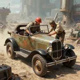 repairing a vehicle on a machine world, year 1 9 1 4, artstation