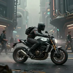 a matte painting of an action motorcycle and rider scene from a futuristic city, pedestrians, in the fog cyber - steampunk, highly detailed, in the style of greg rutkowski and remedios varo and john chamberlain, dark moody lighting, hyper photorealism, trending on artstation, 8 k