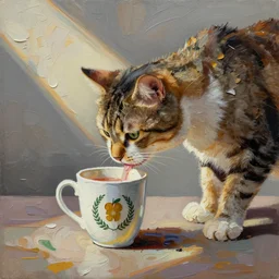 cat drink from the cup, impasto painting