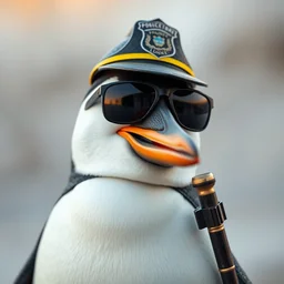 real life penguin, wearing sunglasses, police hat, and police baton