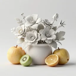 still life of flowers and fruit, centered, complex 3 d render, ultra detailed, intricate, 8 5 mm lens, refined, high definition, photo realism, rembrandt lighting, cherry blossoms, white flowers, red berries, detailed, twigs, lavender, yellow st joseph lily, peonies, foliage, marigold, tulips, blue iris,