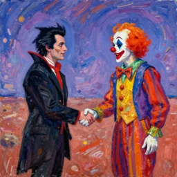 dracula shaking hands with a clown on mars by monet