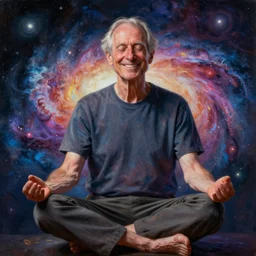 alan watts grinning meditating in colorful galaxy universe realistic dramatic lighting stylized portrait painting highly detailed procreate, 3d render senior artist, photorealistic, textured, featured on artstation