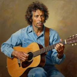 painting of robbie basho the influential folk blues and fingerstyle guitar player, painted by leyendecker