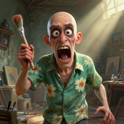 trippy!!!! nightmarish!!!! digital painting of a ( ( ( scary bald middle aged cartoon!!! expressive!!! painter man in a hawaiian shirt with a paintbrush!!!! yelling at the camera ) ) ) | intricate!!!! worn - down art studio background with light rays, cinematic, octane render, trending on artstation, deviantart, studio level quality, hyperdetailed