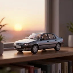 a miniature of a Peugeot 309 Vital on a bookshelf near a window at sunset, DOF, octane render, unreal engine 5, godrays, complementary colors, calm, symmetrical, highly detailed, high quality, 4k, beautiful, hyperrealistic