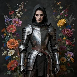 portrait of a skinny punk goth warrior wearing armor by jan van eyck, fantasy, thief warrior, floral flowers colorful