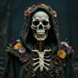 cinematic shot epic portrait skeleton wearing a dark robe covered in flowers, hyper realistic, mood lighting, fantasy, detailed face, highly detailed, super realistic, perfect lighting pixel sorting
