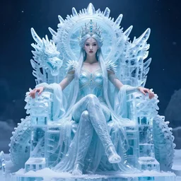 a beautiful portrait of ice goddess sit on dragon throne made of ice