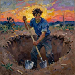 a fauvist painting of a man deep in a hole with a shovel, after sunset,