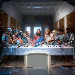 beauty, !13 diverse cyborgs on !one_side of a reflective !cybernetic table, !!posing_as_last_supper, inticrate detailed glowing implants, !!highly detailed, dramatic lighting, electrical details, high details, beautiful lighting