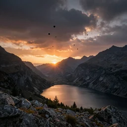 amazing landscape photo of mountains with lake in sunset, falling bombs, by marc adamus beautiful dramatic lighting, Gediminas Pranckevicius