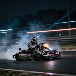 go - kart racer taking a corner at speed on a race track, motion blur lights, laser, smoke, debris, fast movement, artistic angle shot, light streaks, dark mood, night time