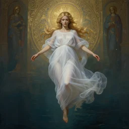 breathtakingly detailed concept art painting full body painting, goddess floating on the sea bottom, blond hair in white sheer dress, orthodox saint ornate background, created by hsiao - ron cheng, very moody lighting, 8 k