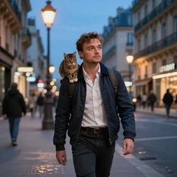ewan mcgregor is walking at street in early 2 0 th century paris. brown cat is sitting on his shoulder. street lights. evening. warm atmosphere. epic scene. blue vivid colours. 4 k, hyperdetailed. realism, itemsby d'edouard cortes, by gustave courbet, by jean - francois millet, by honore daumier, by jean - baptiste - camille corot, by adolph von menzel, by thomas cowperthwait eakins, by ilya repin, by jean - francois millet, by andrew newell wyeth, by rosa bonheur, by edward hopper