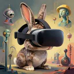 rabbit groot big vr glasses headset by artstation, deviantart, artfol, artbox, cgsociety, gfxartist, artful, zatista, artpal, instagram, blendernation, frank stella, beeple, giger, kopera, zawadzki, abstract, surrealism, hyperrealism, futurism 4 k, octane