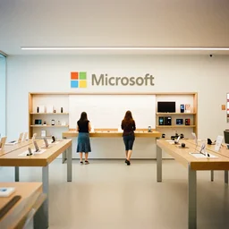 interior photography of a Microsoft Samsung flagship store in the style of Wes Anderson and Denis Villeneuve, retaildesignblog, architecture magazine, dezeen, 50mm, pentax, film