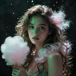 a dramatic lighting photo of a beautiful young woman with cotton candy hair. confetti splashes. moody, melanchonic. with a little bit of green and black