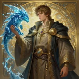 young summoner with a water elemental, fantasy, man, thick robes, intricate, elegant, highly detailed, digital painting, artstation, concept art, wallpaper, smooth, sharp focus, illustration, art by artgerm and greg rutkowski and alphonse mucha