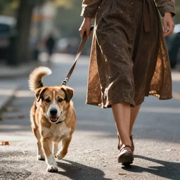 a dog walking a woman on the street