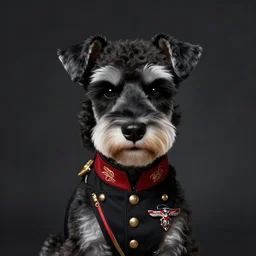 portrait of stoic looking miniature schnauzer, military uniform, black fir, white eyebrows, fantasy, intricate, elegant, highly detailed, centered, dark, smokey, digital painting, artstation, concept art, smooth, sharp focus, illustration, art by artgerm and greg rutkowski and alphonse mucha