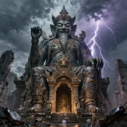 a shrine to an elder god in a destroyed ruin, cinematic lighting, raining, lightning, viewed from below, digital painting, artstation