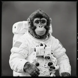 Portrait of a monkey astronaut in the style of 1800s century photographs, 35mm film photography, Black and white