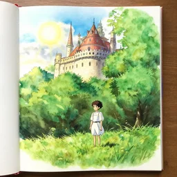 castle in the sky hayao miyazaki stands in a small clearing among trees, sun, grass, watercolor illustration for a book